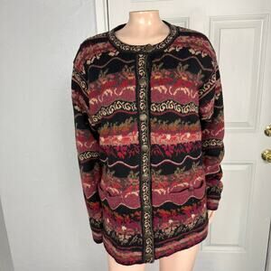 Icelandic Designs Women's Sweater M Wool Cardigan Zip Floral Lined Nordic LL15